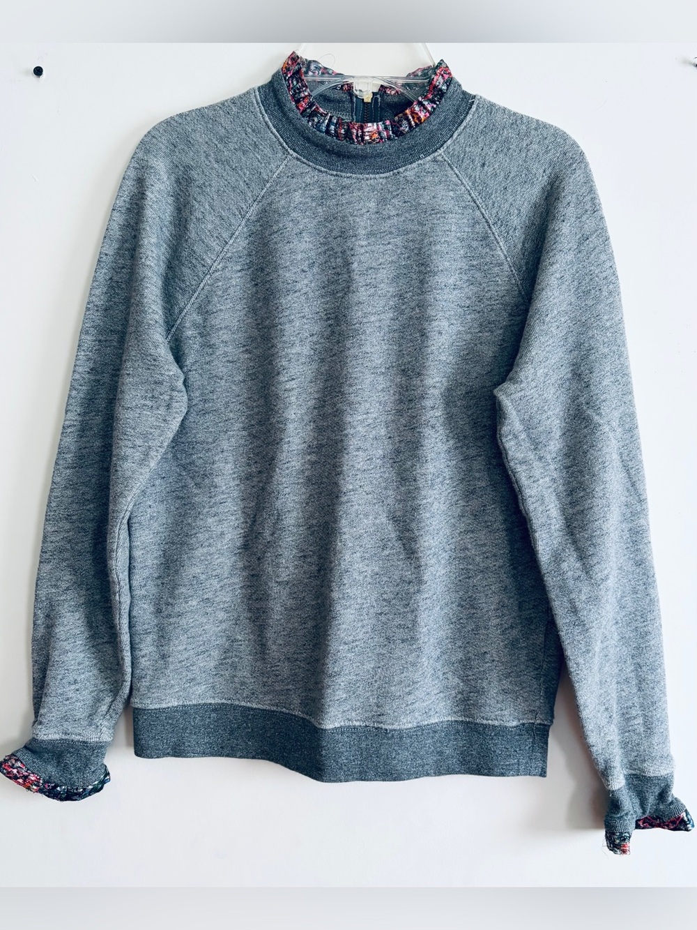 J. Crew Women’s Heather Gray Crewneck Sweatshirt with Ruffled Collar and Sleeve